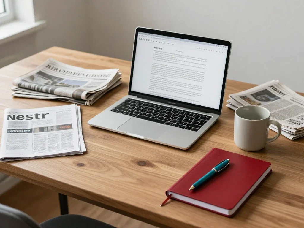 Bureau de rédaction avec journaux, carnet rouge et ordinateur portable sous une lumière naturelle tamisée.