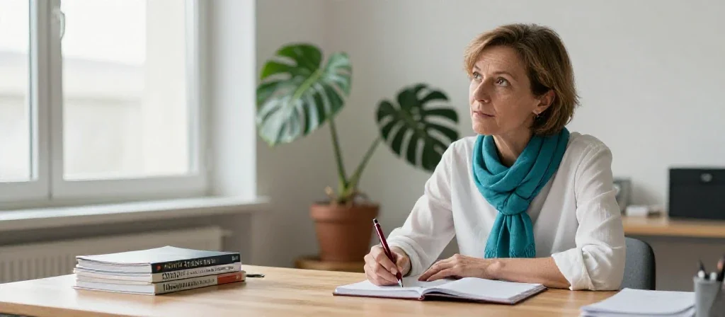 Une professionnelle de santé française conseille avec bienveillance dans un bureau lumineux et moderne.